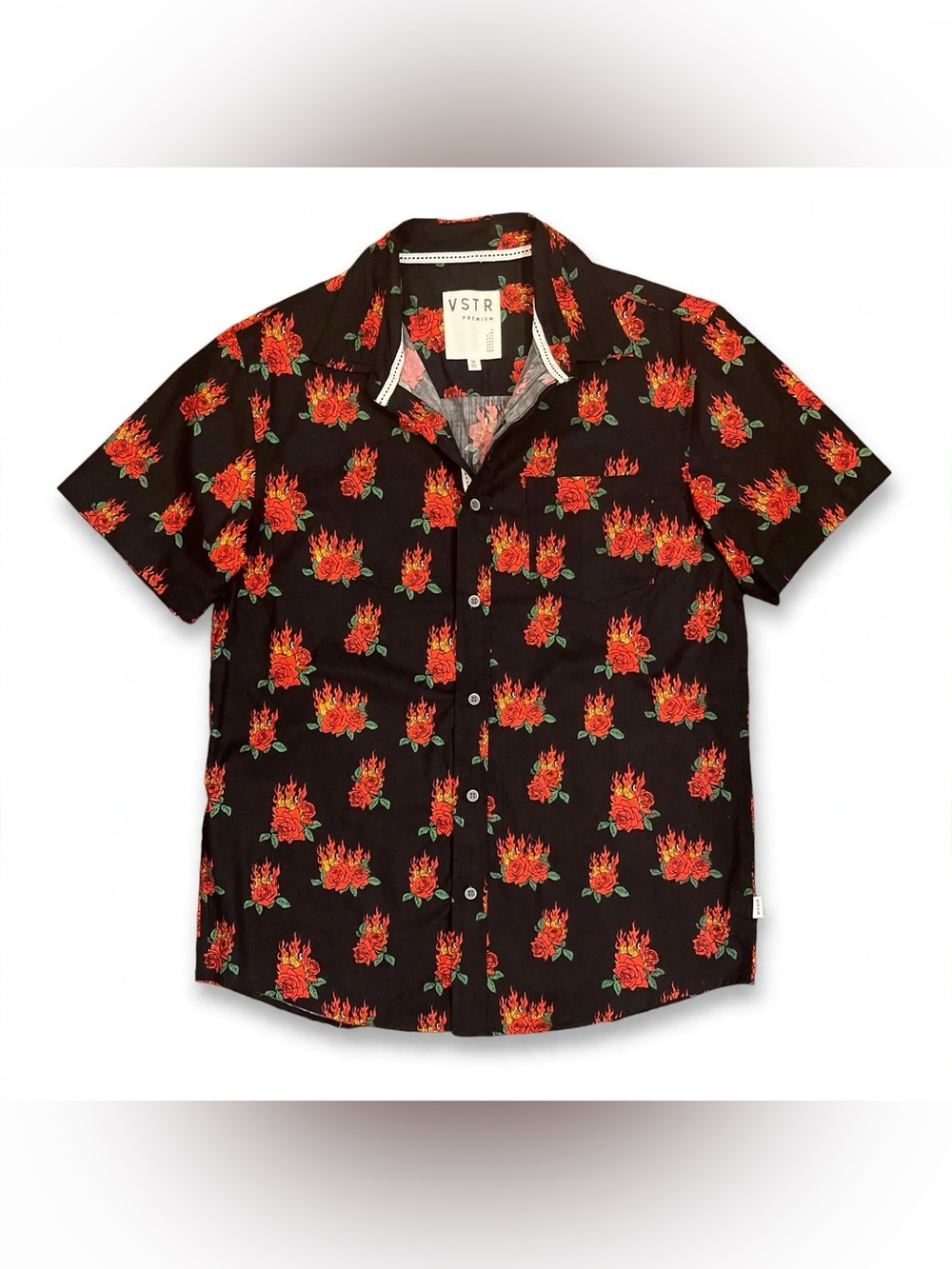 VSTR Premium Men's M Black Flaming Rose Button Up Shirt NWOT 19x21x29